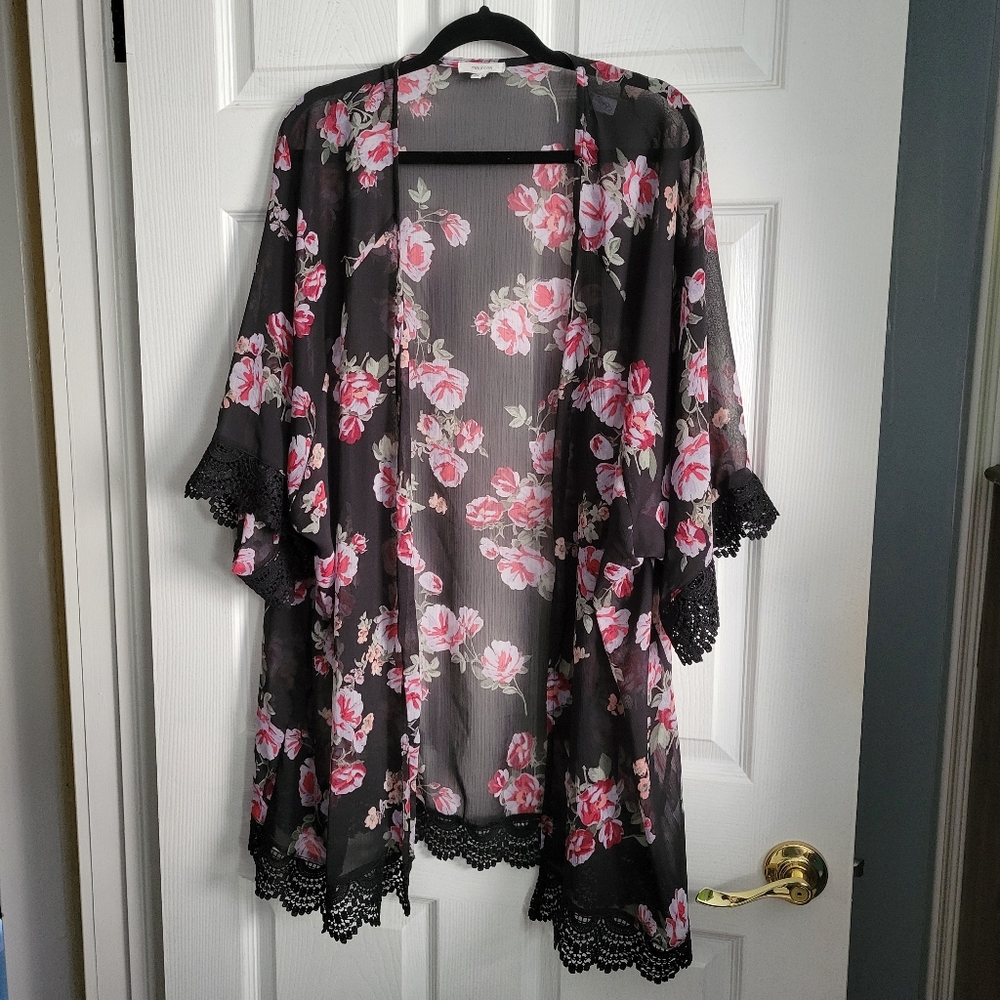 MAURICES Sheer with Lace Floral Open Kimono